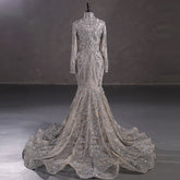 Hot Long Silver Sequins Lace Formal Evening Dress with Halter Neck EN5411
